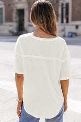 White Waffle Knit Casual Drop Shoulder Loose Top