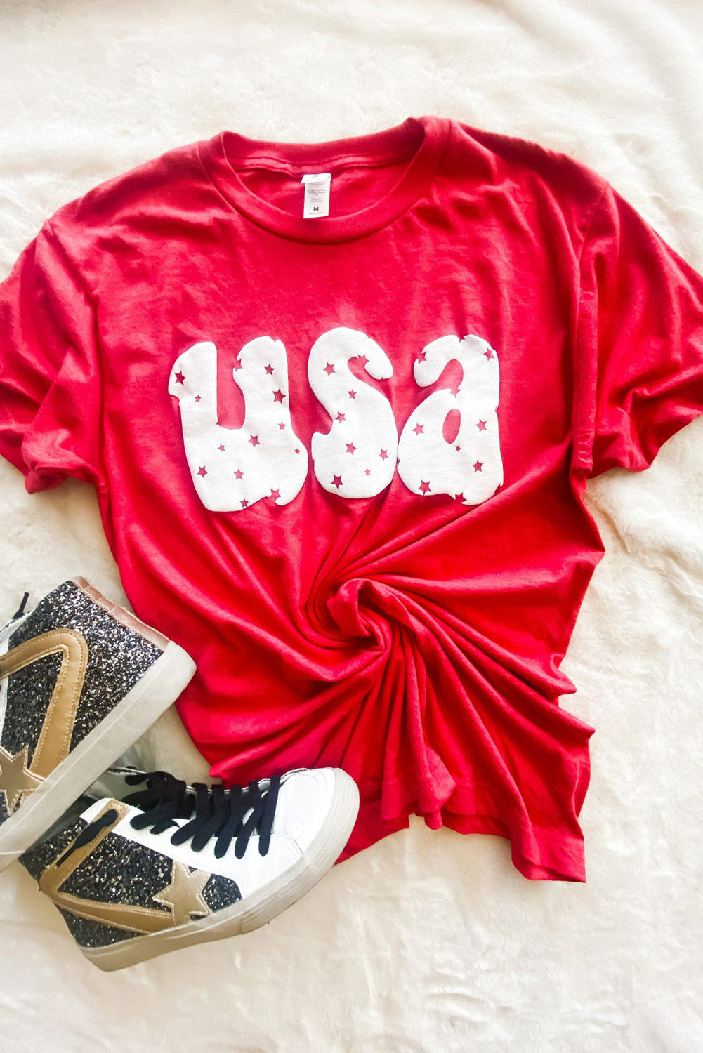 Red Casual USA Stars Graphic Round Neck Roll Up Sleeve Tee