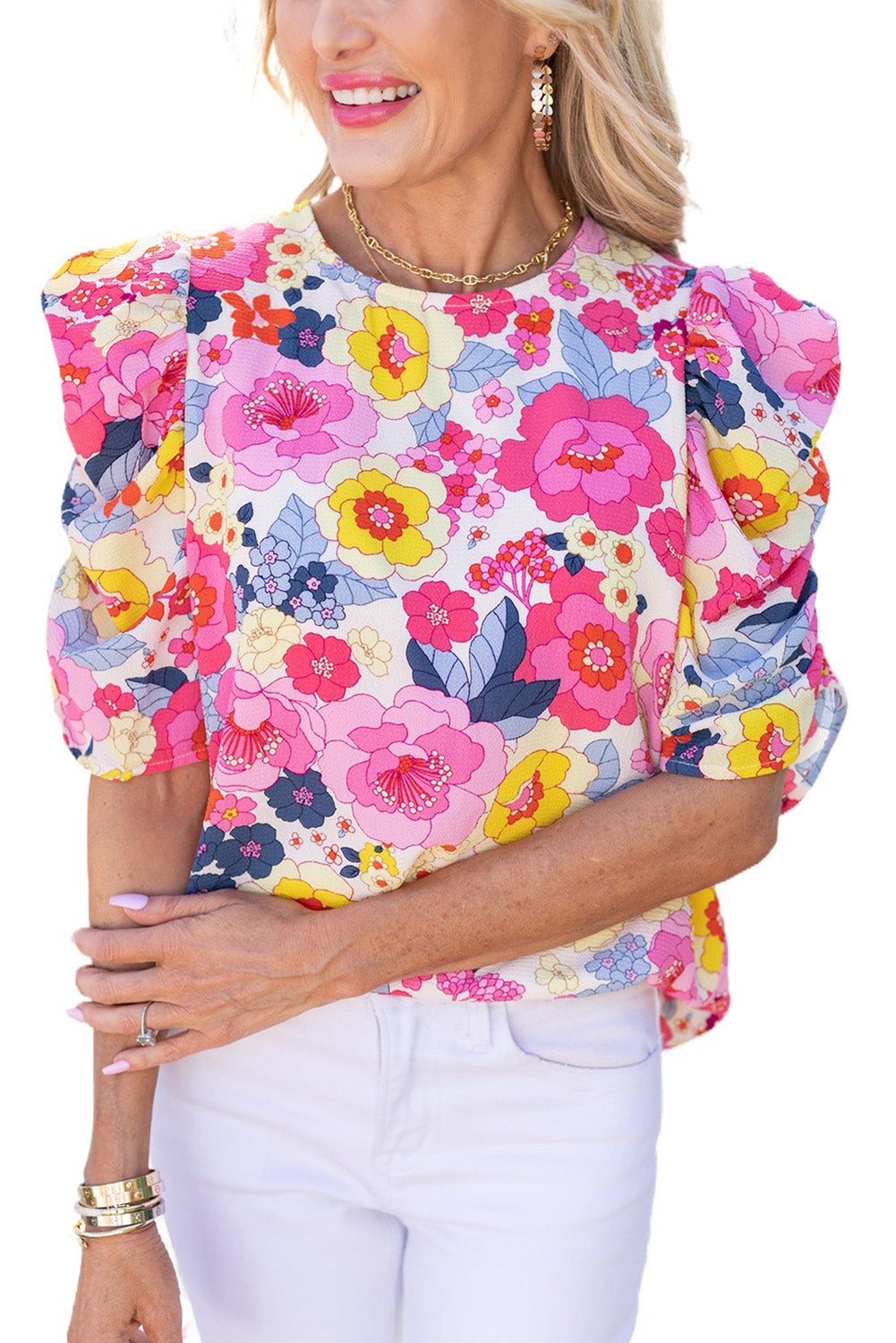 Red Ruched Puff Sleeve Floral Blouse