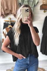 Black Solid Color Dolman Sleeve Twist Cable Knit Top