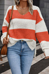 Orange Colorblock V Neck Side Slits Sweater