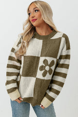 Mist Green 60s Floral Checkered and Striped Knitted Pullover Sweater