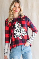 Red Plaid Patch Sleeve Leopard Christmas Graphic Hoodie