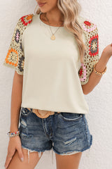 Parchment Hollowed Floral Crochet Sleeve Boho T Shirt