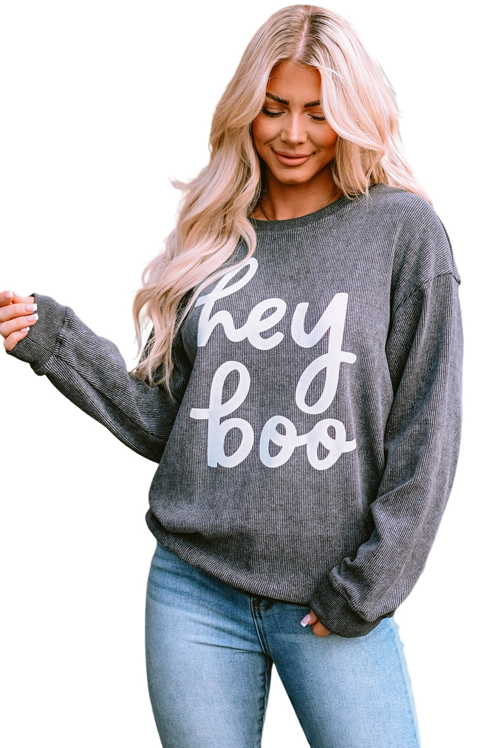 Gray Hey Boo Graphic Corded Halloween Sweatshirt