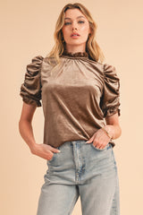 Camel Ruched Puff Sleeve Frilled Neck Velvet Blouse