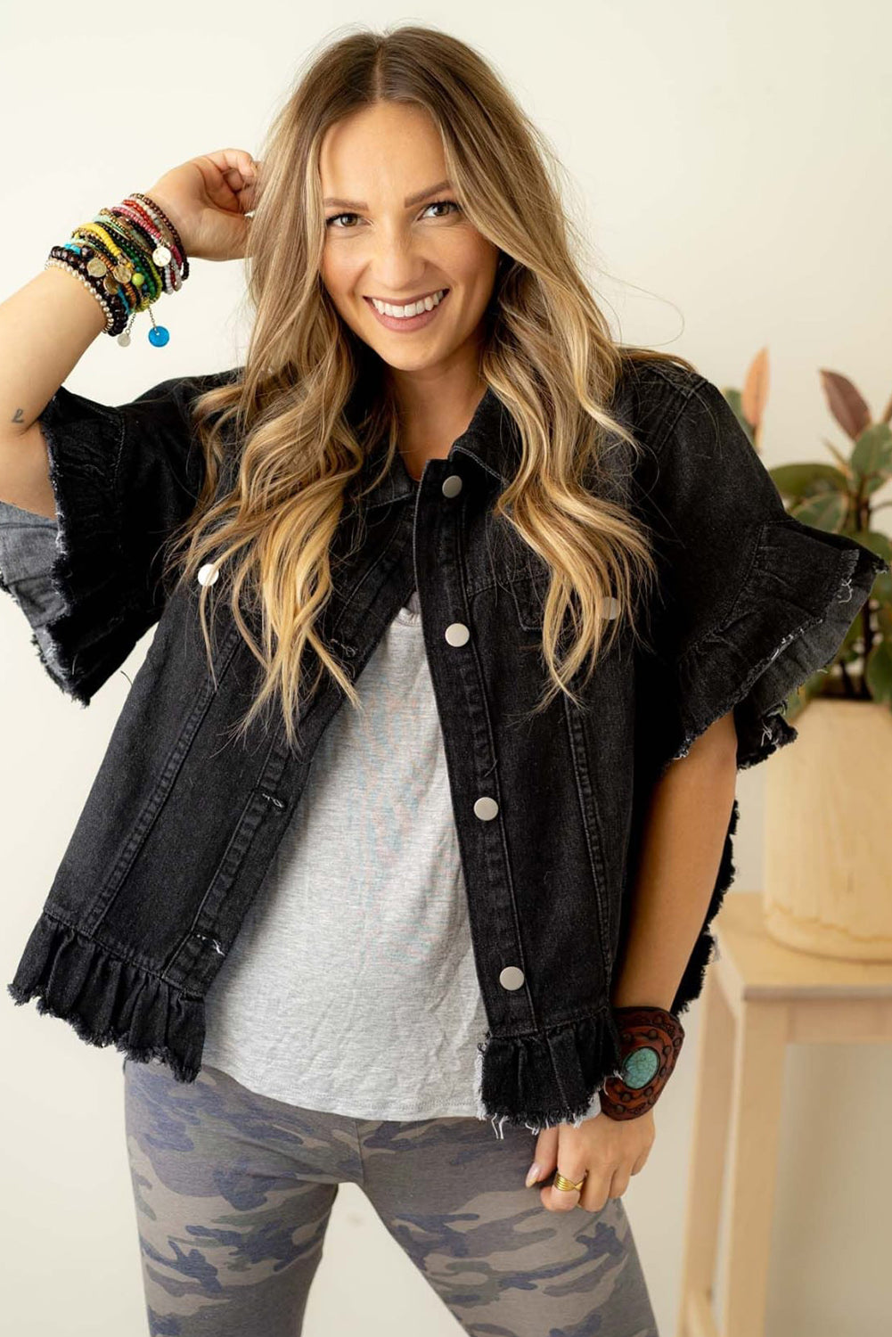 Black Raw Edge Ruffle Short Sleeve Denim Jacket