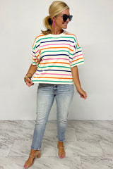 Beige Stripe Dropped Short Sleeve Loose Fit Knitted Top