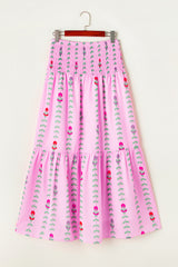 Pink Smocked Waist Tiered Maxi Skirt