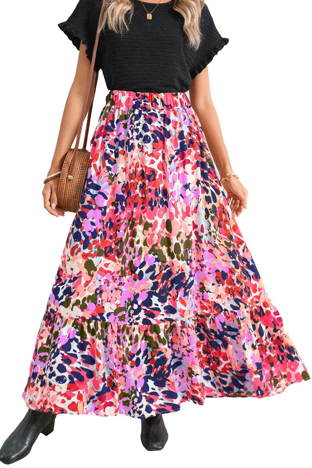 White Abstract Print High Waist Maxi Skirt