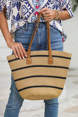 Black Vacation Straw Woven Striped One Shoulder Bag