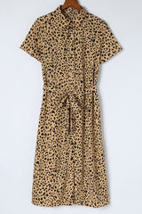 Khaki Leopard Print Waist Belted Button Up Shirt Dress