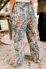 Multicolor Abstract Print Shirred High Waist Wide Leg Pants