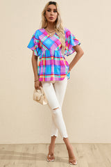 Sky Blue Colorful Plaid V Neck Ruffled Babydoll Blouse