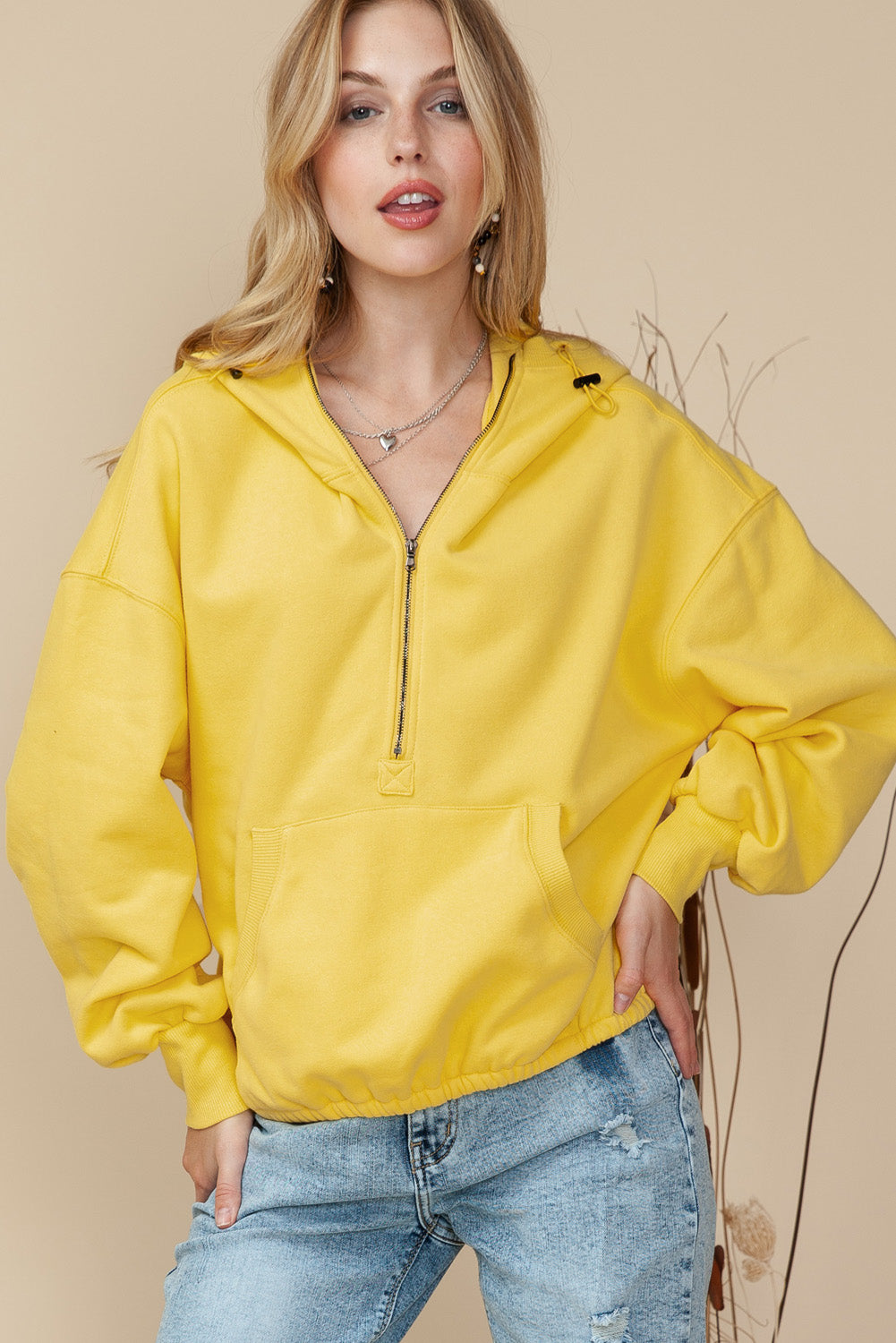 Yellow Solid Color Half Zip Pullover Hoodie with Kangaroo Pocket