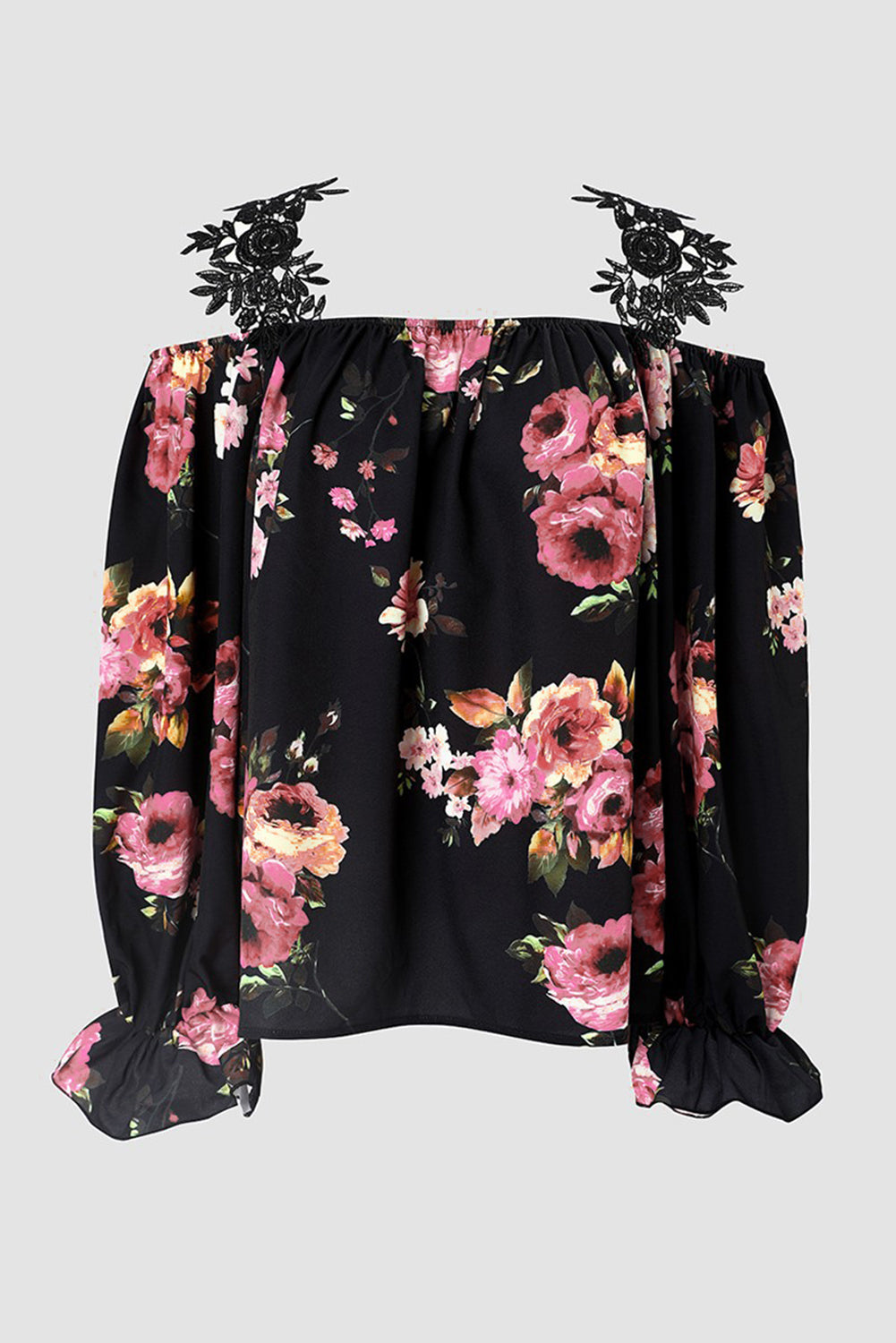 Black Floral Print Lace Loose Off Shoulder Blouse