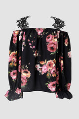 Black Floral Print Lace Loose Off Shoulder Blouse