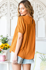 Orange Textured Lace Crochet Casual Keyhole Puff Sleeve Blouse