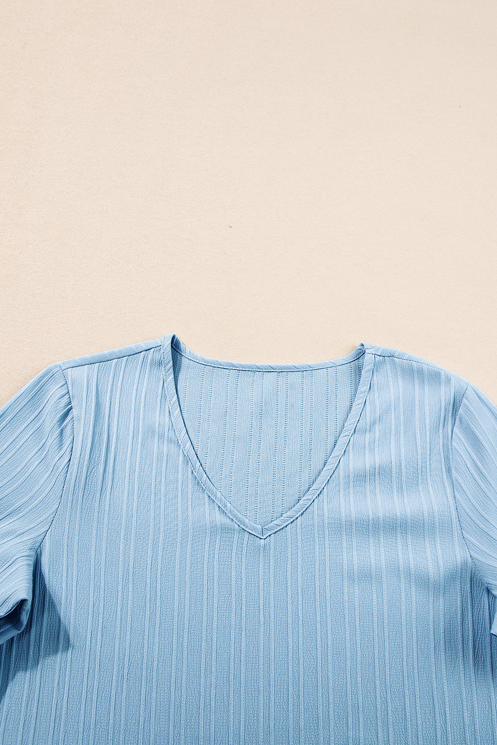 Beau Blue Ruffled Short Sleeve V Neck Textured Blouse