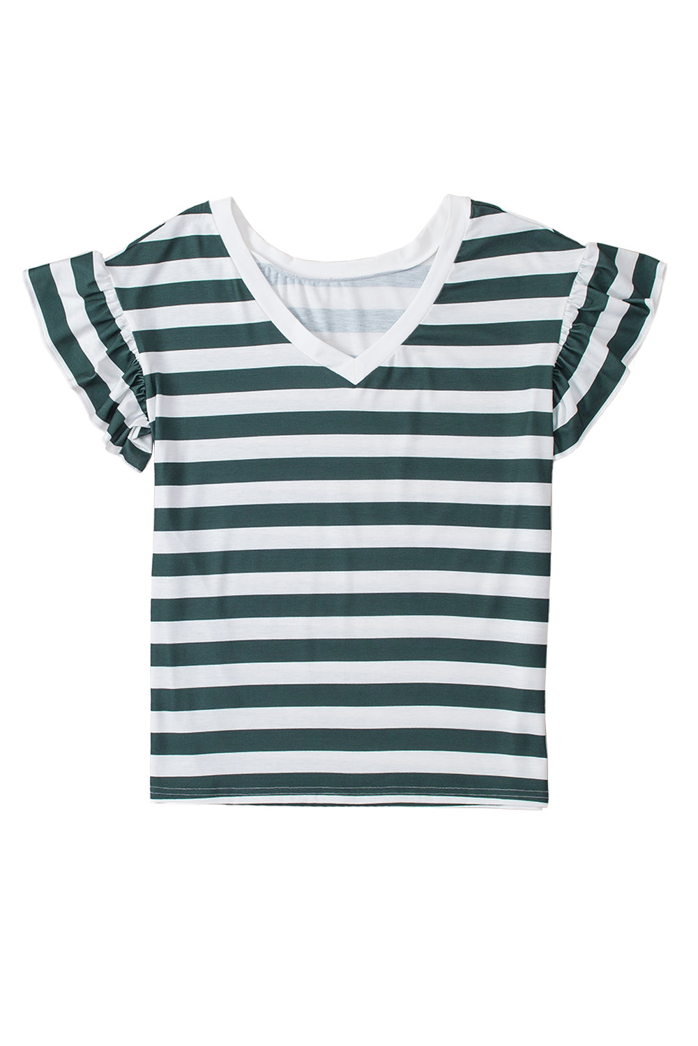 Sea Green Striped V Neck Ruffle Sleeve Top