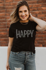 Black Rhinestone HAPPY Graphic Crewneck T Shirt