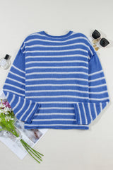 Sky Blue Casual Stripe Round Neck Drop Shoulder Sweater