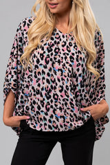 Pink Mixed Leopard Print V Neck Oversized Blouse