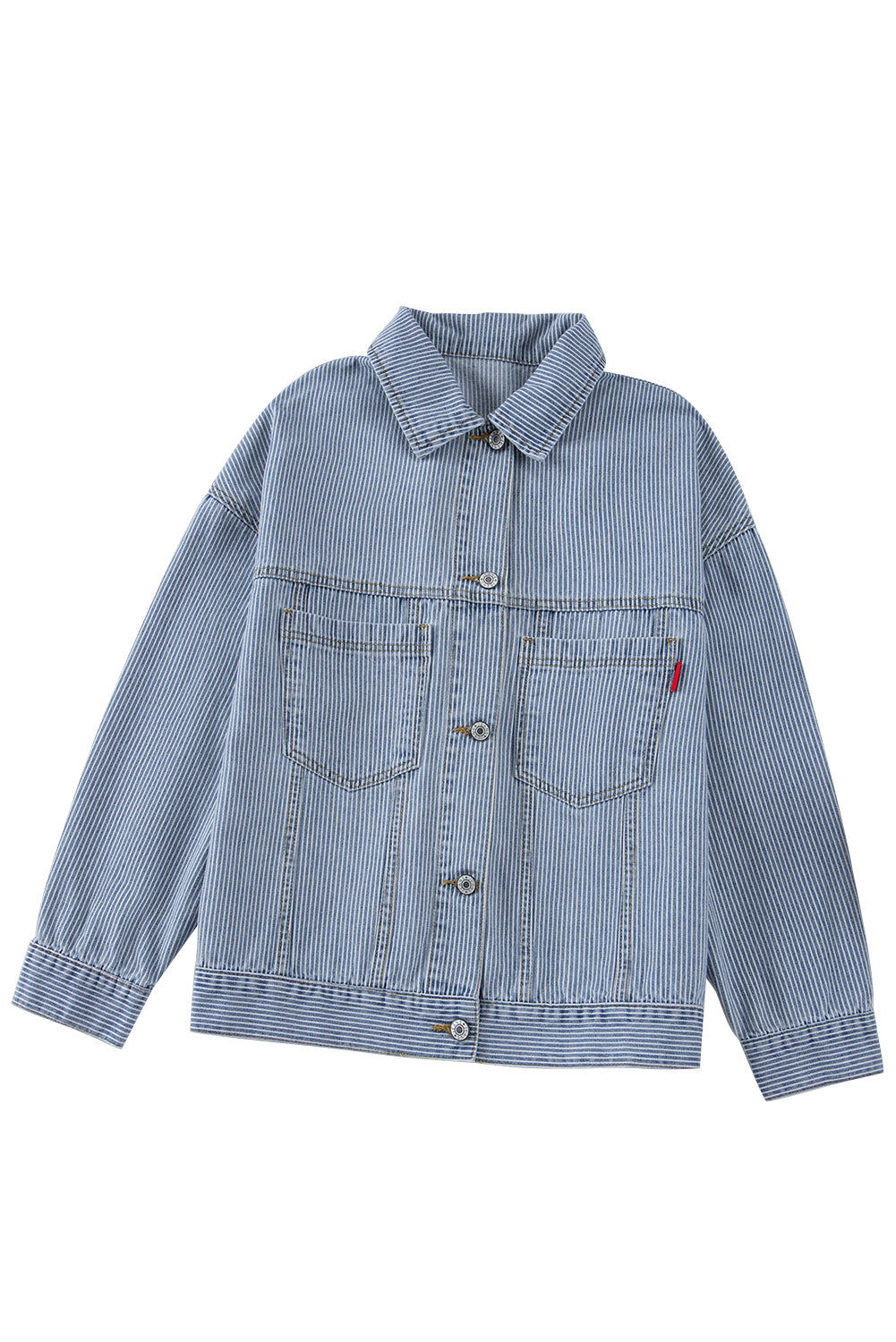 Sky Blue Stripe Washed Oversized Pocketed Denim Jacket