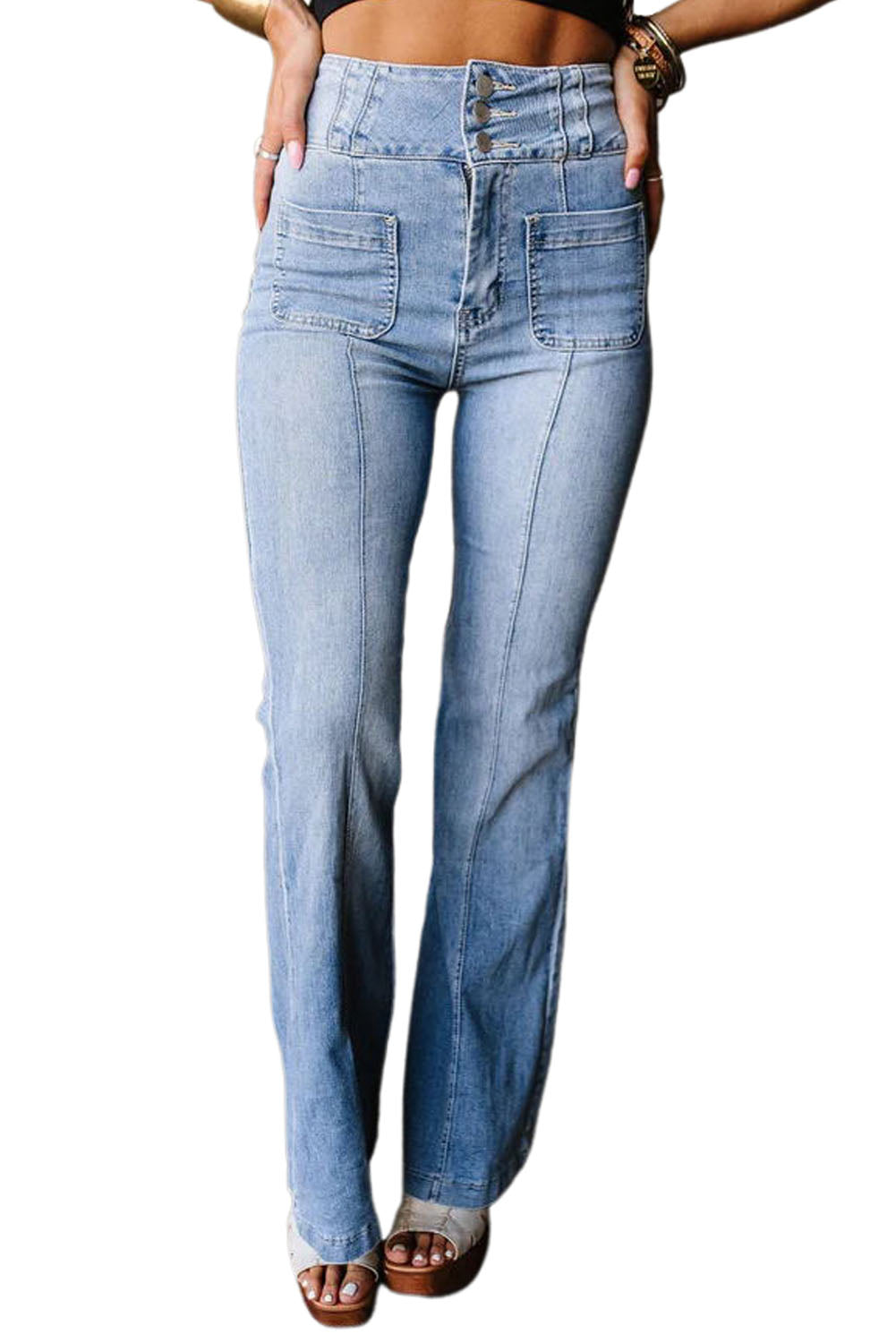 Light Blue Fly Button Exposed Seam Patched Pocket Flare Jeans