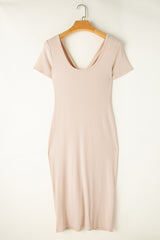 Beige V Neck Ruched Button Front Midi T Shirt Dress