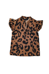 Brown Leopard Print Split Neck Ruffle Flutter Sleeve Blouse