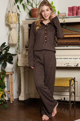 Brown Ribbed Henley Shirt and Wide Leg Pants Loungewear Set