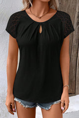 Black Lace Sleeve Keyhole Smocked Detail Blouse