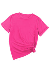 Rose Red Solid Color Crew Neck Roll Up Sleeve Tee