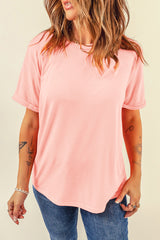 Pink Solid Color Basic Crew Neck Plain Tee