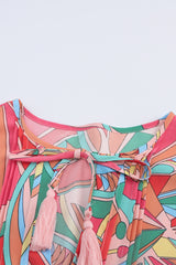 Multicolor Boho Abstract Pattern Split V Neck Flowy Top