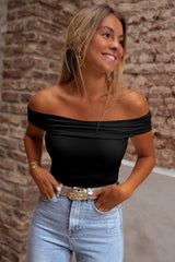 Black Solid Color Folded Off Shoulder Slim Blouse