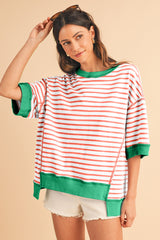 Orange Striped Contrast Trim Drop Sleeve Loose Top