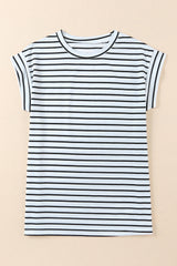 White Striped Cap Sleeve Crew Neck T Shirt