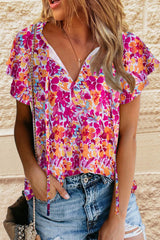 Red Floral Print Flutter Sleeves Short Sleeve Blouse