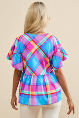 Sky Blue Colorful Plaid V Neck Ruffled Babydoll Blouse