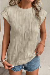 Apricot Wavy Textured Cap Sleeve Round Neck Blouse