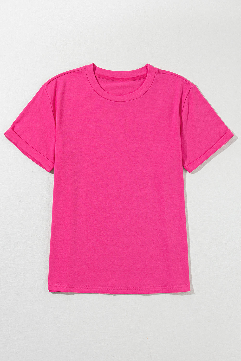 Rose Red Solid Color Crew Neck Roll Up Sleeve Tee