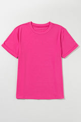 Rose Red Solid Color Crew Neck Roll Up Sleeve Tee