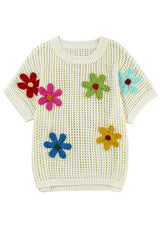 White Hollowed Crochet Colorful Flower Loose Knit T Shirt