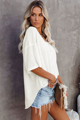 White Waffle Knit Casual Drop Shoulder Loose Top