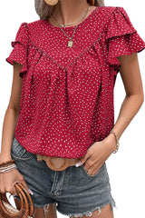 Fiery Red Spotted Print Pleated Ruffle Sleeve Blouse