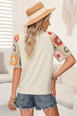 Parchment Hollowed Floral Crochet Sleeve Boho T Shirt