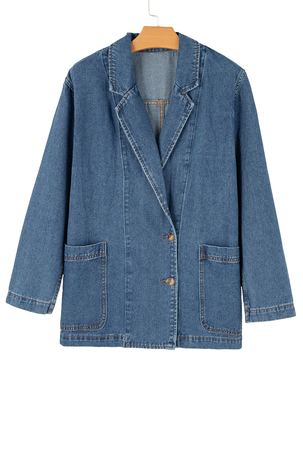 Sail Blue Side Pockets Lapel Collar Denim Jacket