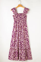 Rose Leopard Ruffle Straps Smocked High Waist Maxi Dress